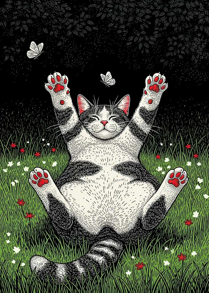 Cat enjoying butterflies in a field