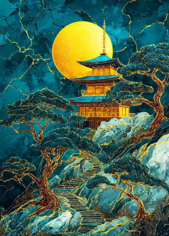 Golden Pagoda Turquoise Marble Art