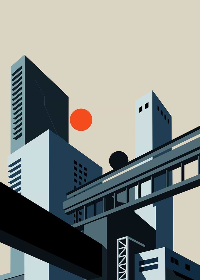 Futuristic Industrial Cityscape with Sun