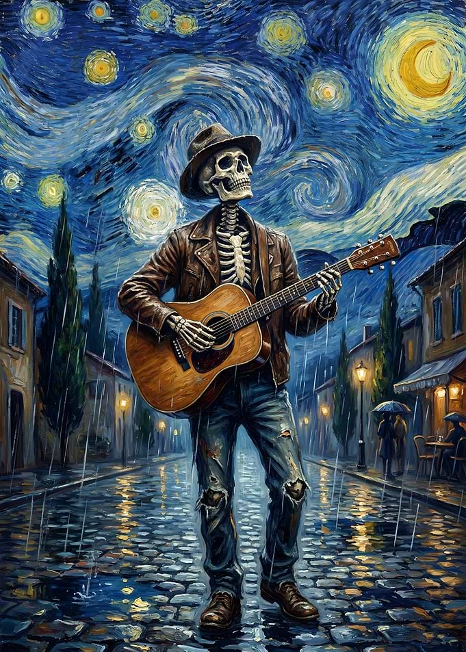 Skeleton playing guitar in the rain