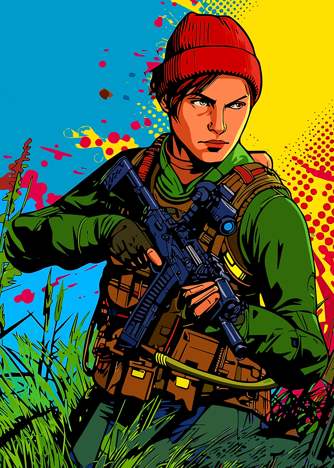 Woman soldier with rifle in colorful background