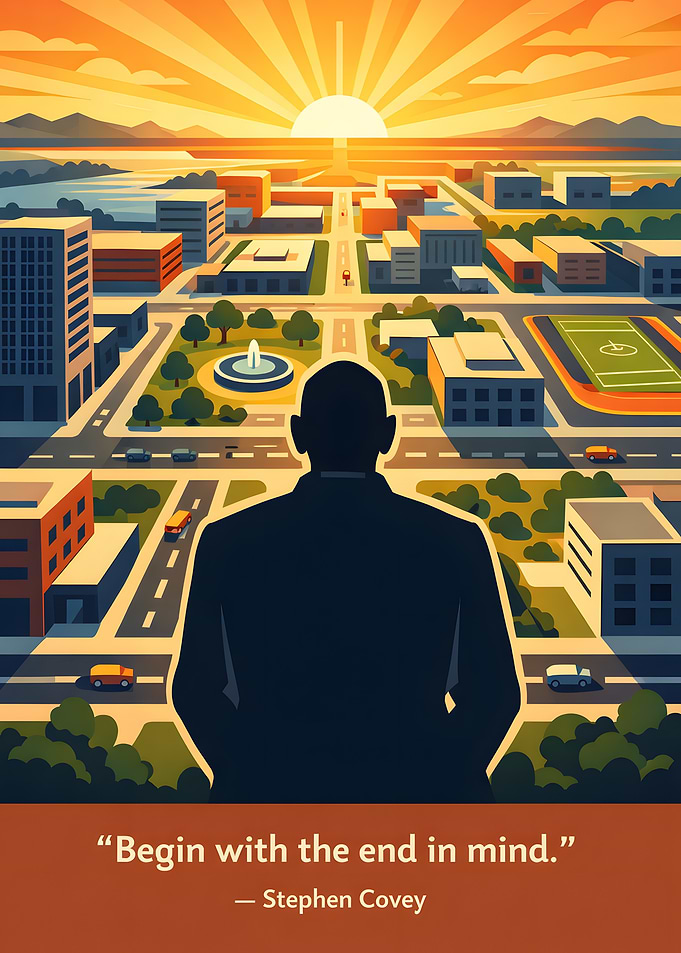Man Looks Over City at Sunrise