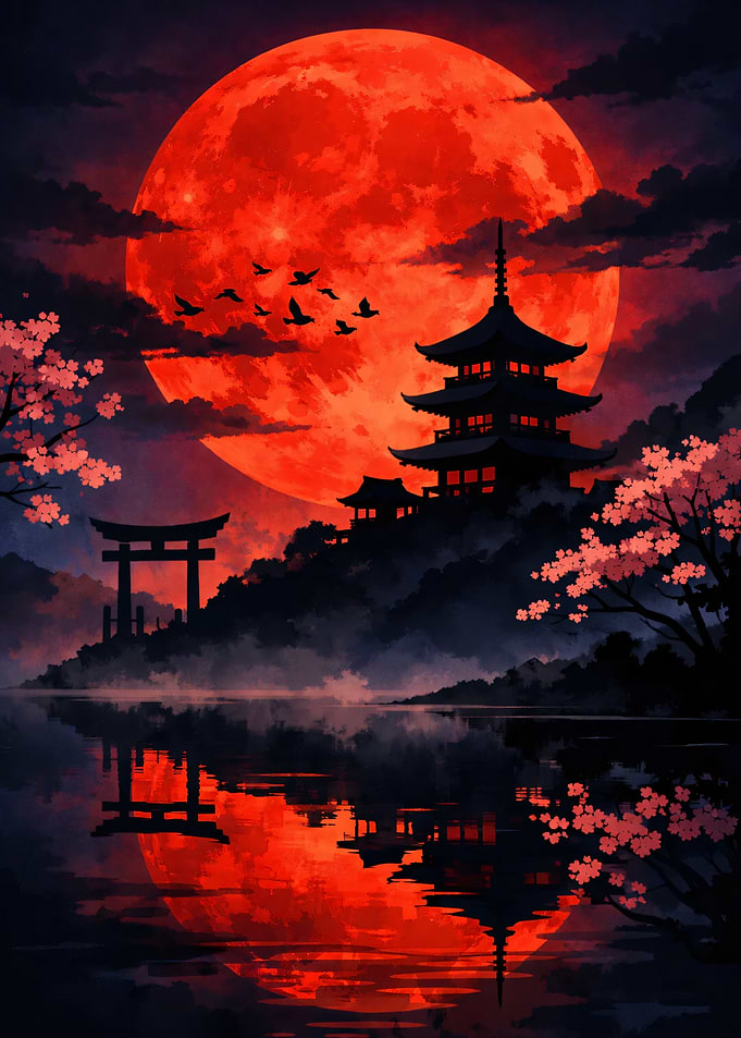 Crimson Moon Over Japanese Pagoda