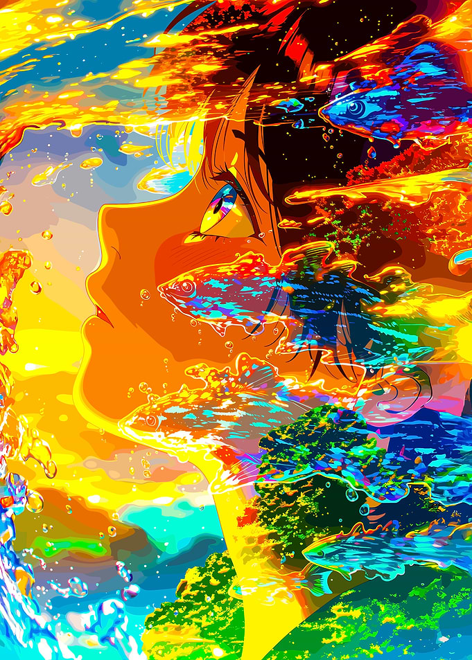Anime Girl in Vibrant Underwater World