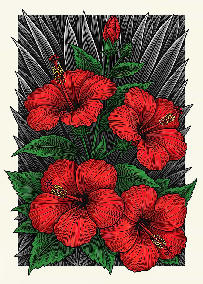 Vibrant Red Hibiscus Flowers with Green Leaves