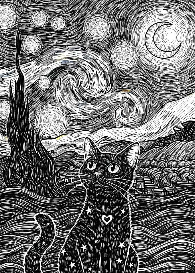 Black Cat in Starry Night