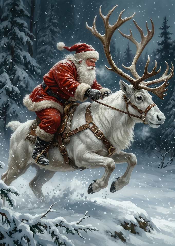 Santa Riding a Reindeer in Snow