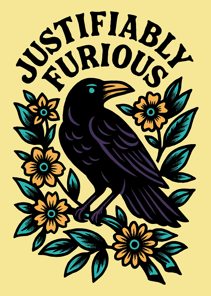 Justifiably Furious Crow Poster, Bold Floral Bird Wall Art, Graphic Gothic Print