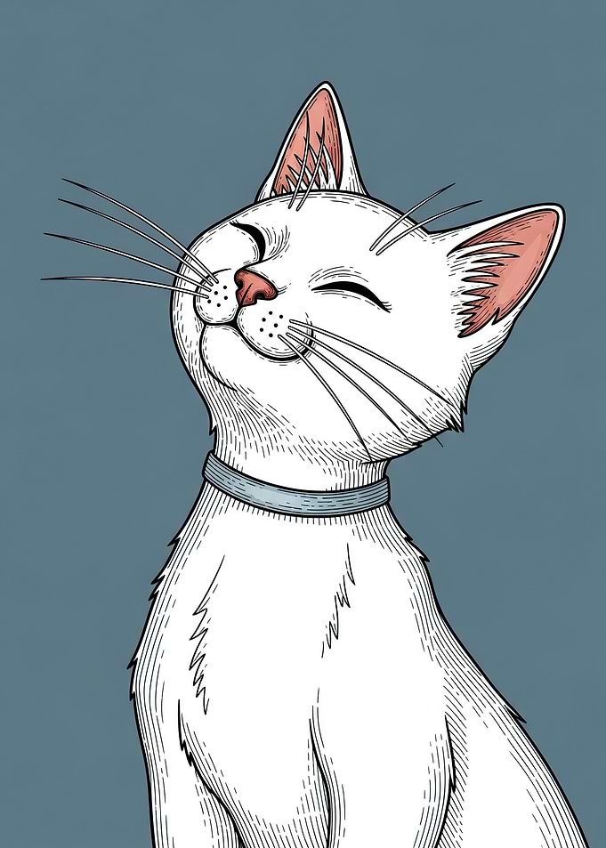 Happy White Cat with Collar