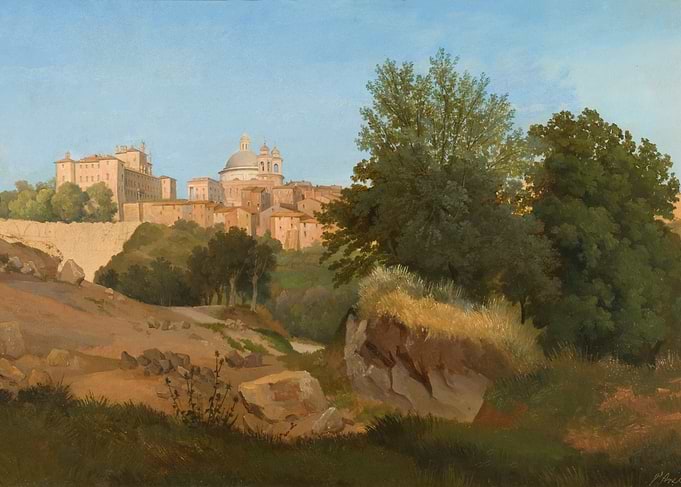 Italian Townscape with Dome and Trees