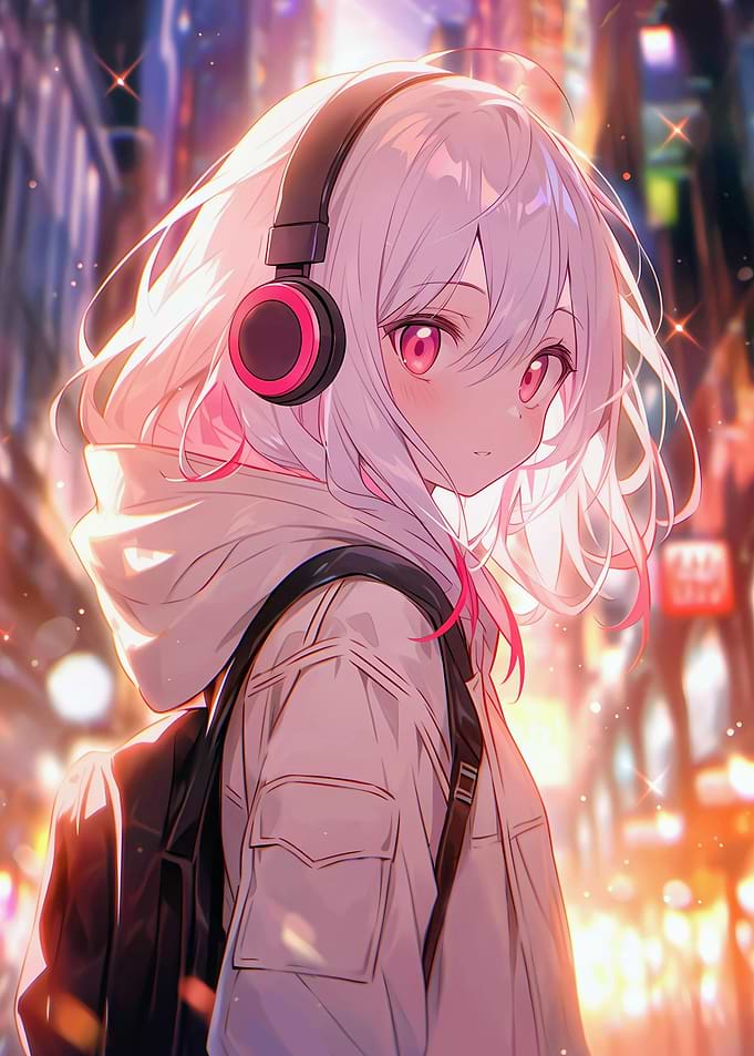Anime Girl with Headphones in City