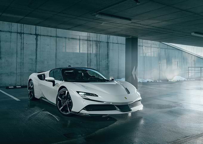 White Ferrari SF90 Stradale in Parking Garage