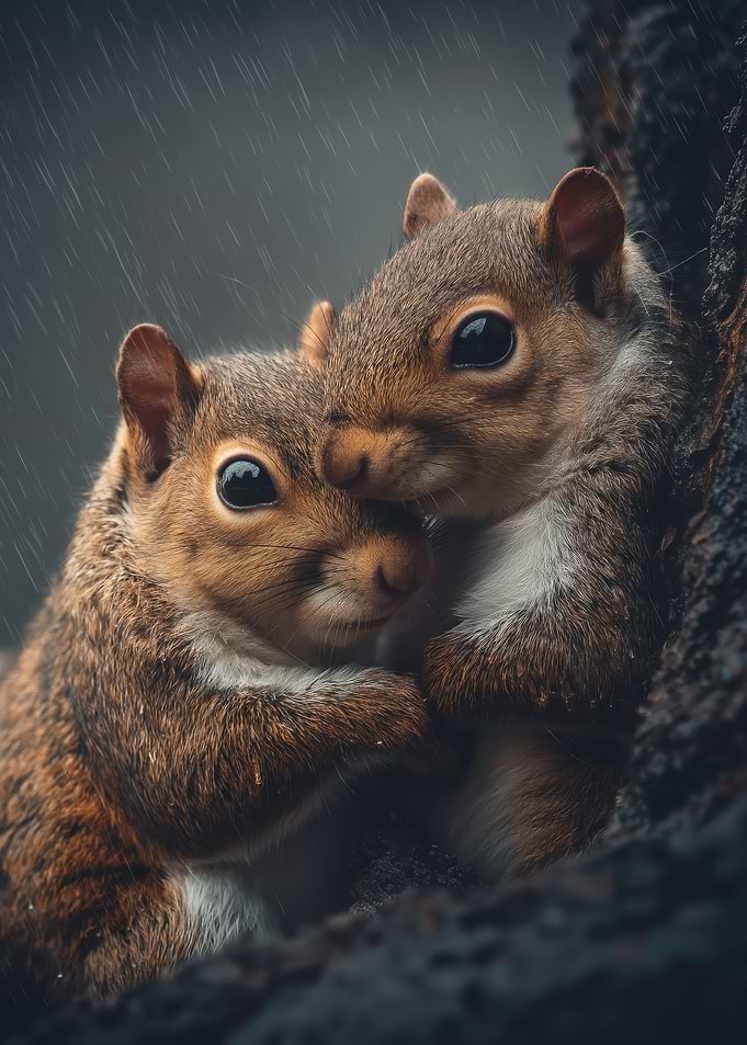 Two Squirrels Hugging in the Rain