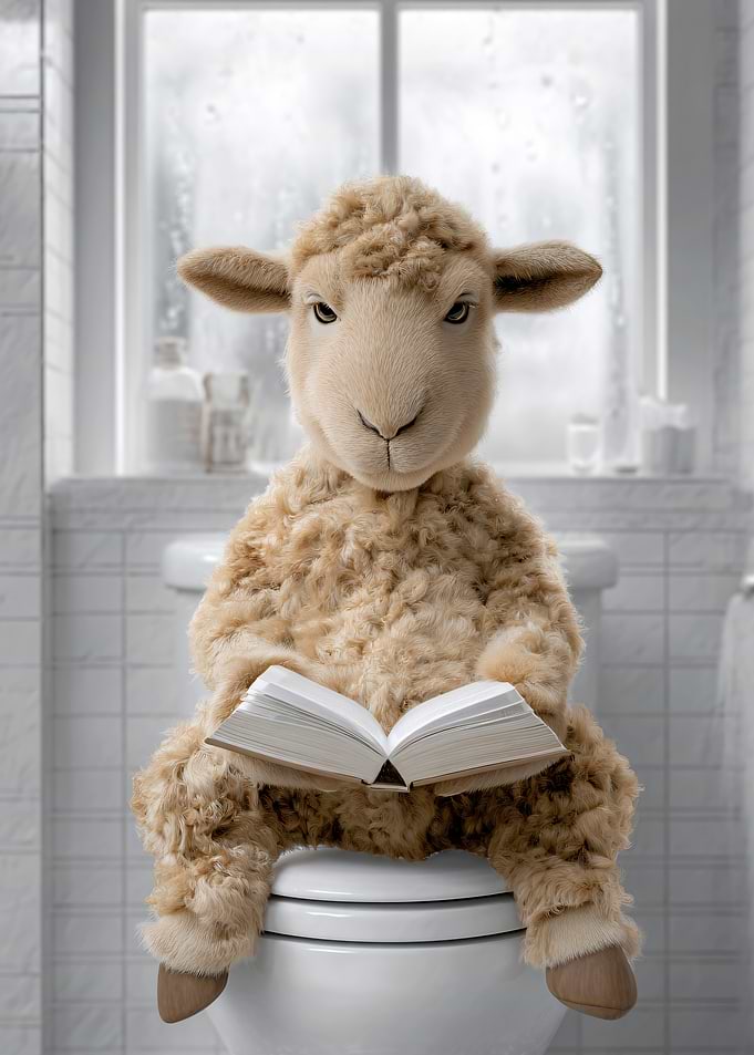 Sheep reading a book on a toilet