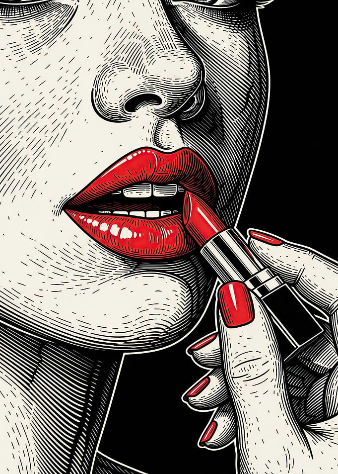 Woman applying red lipstick