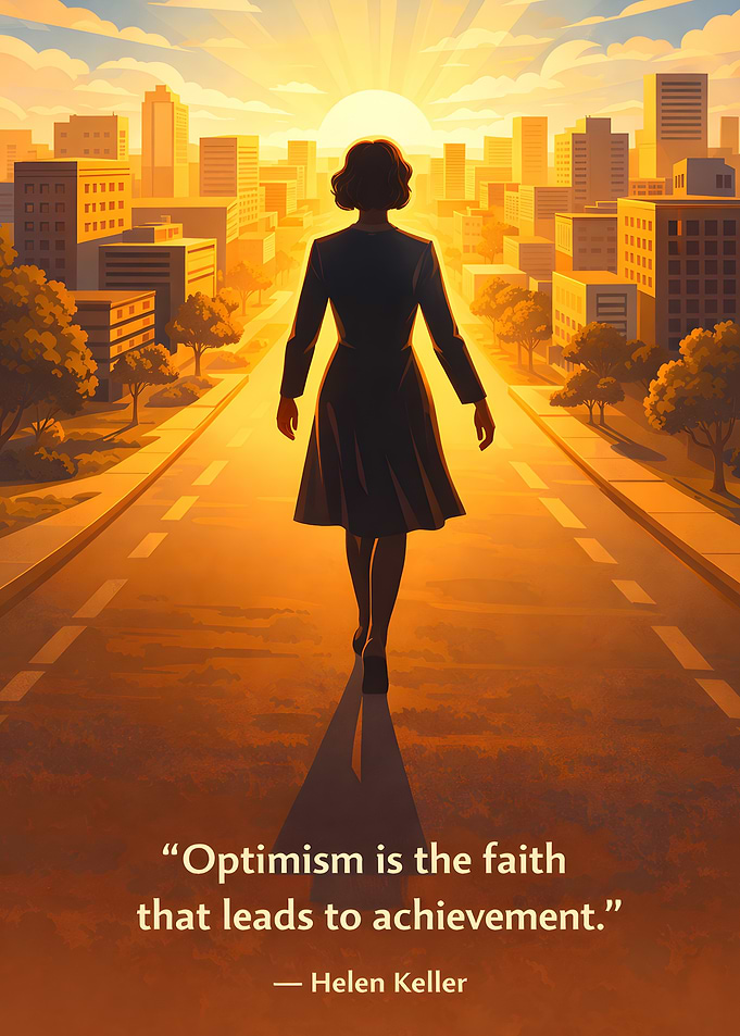 Woman walking towards city sunrise