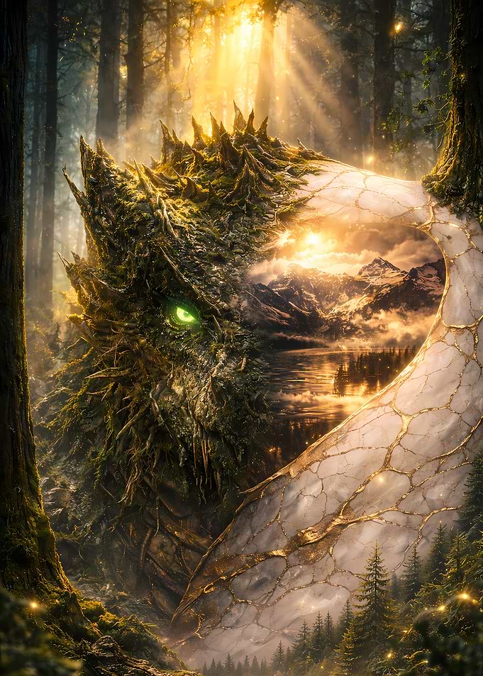 Mossy Dragon with Mountain Landscape