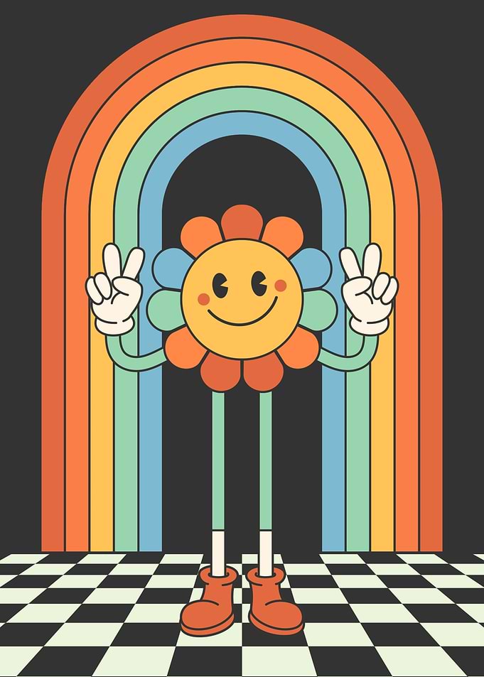 Retro Flower Character with Rainbow Arch