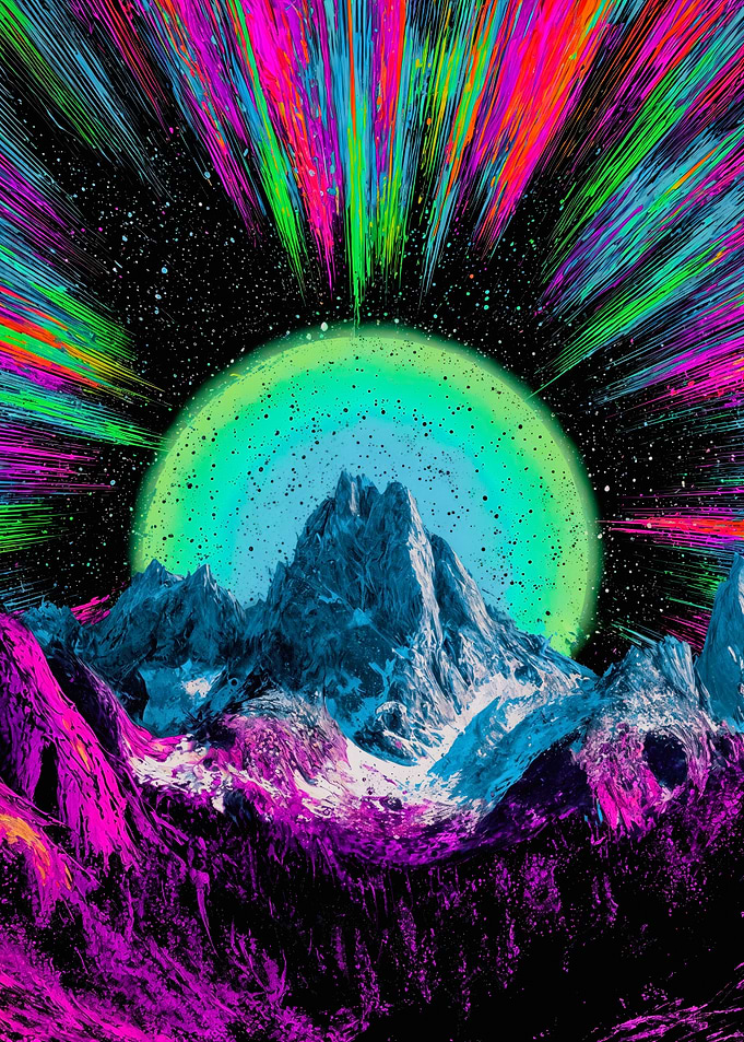 Neon Mountain Peak Cosmic Burst