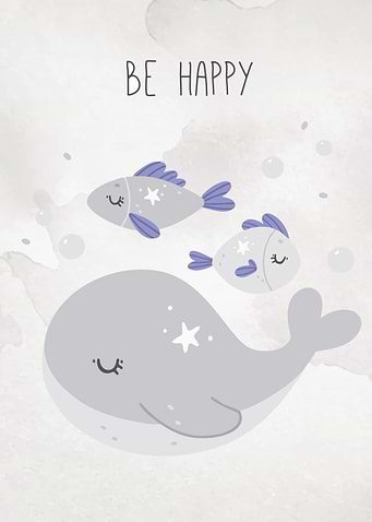 Cute Whale and Fish with 'Be Happy' Text