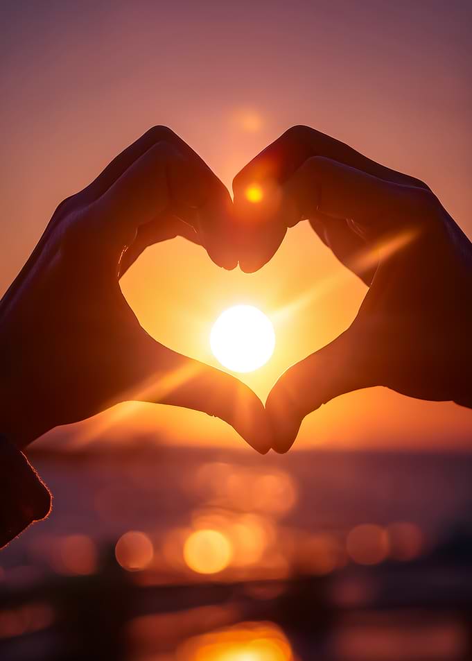 Hands forming a heart at sunset