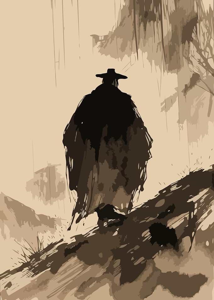 Lone figure in a desolate landscape
