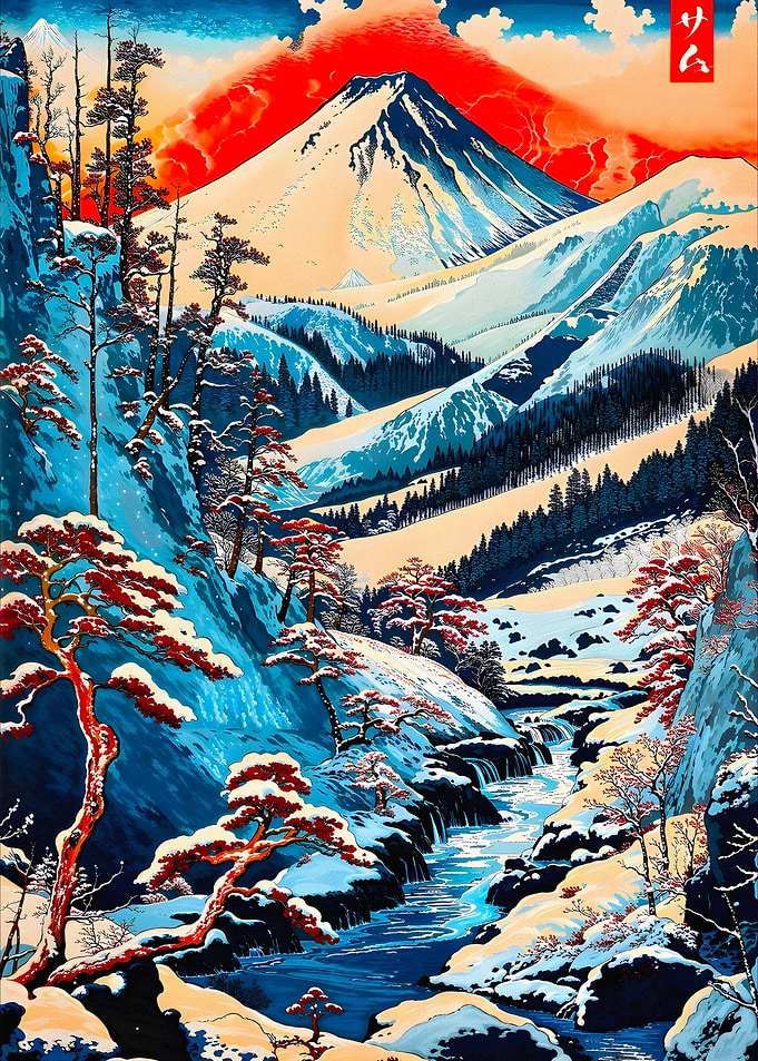 Snowy Mountain Landscape with Red Trees