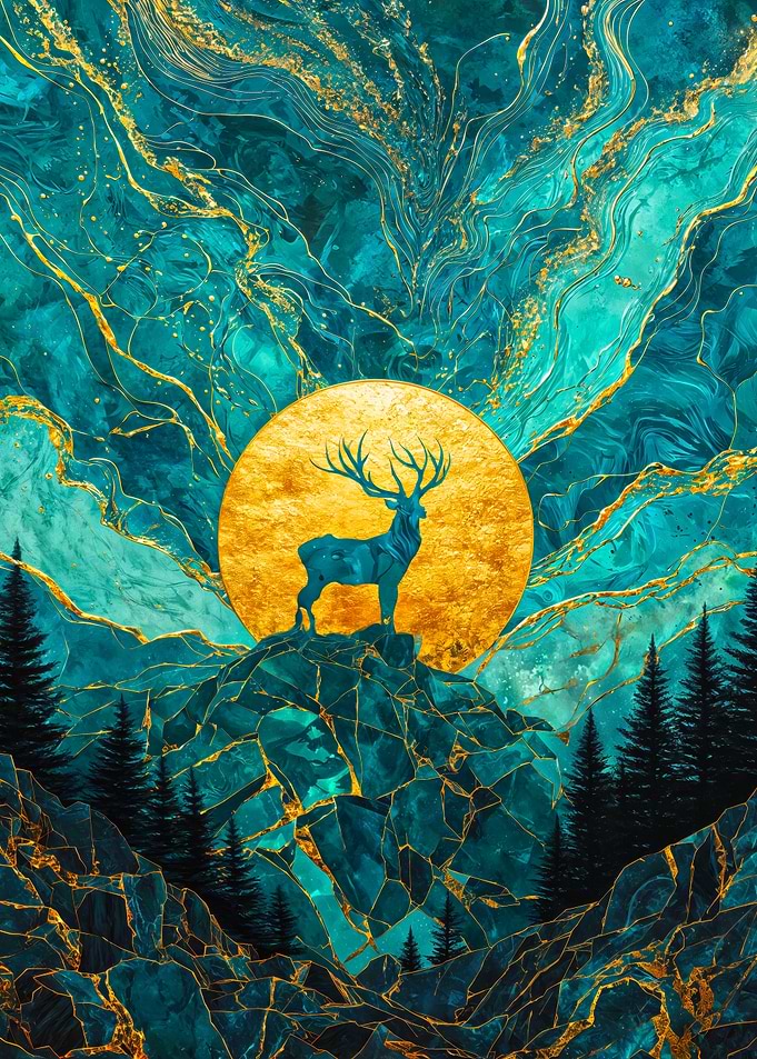 Golden Stag Teal Mountain Moon
