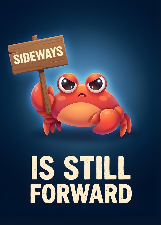 Crab holding a sign saying Sideways