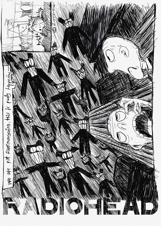 Radiohead band poster with cartoonish figures