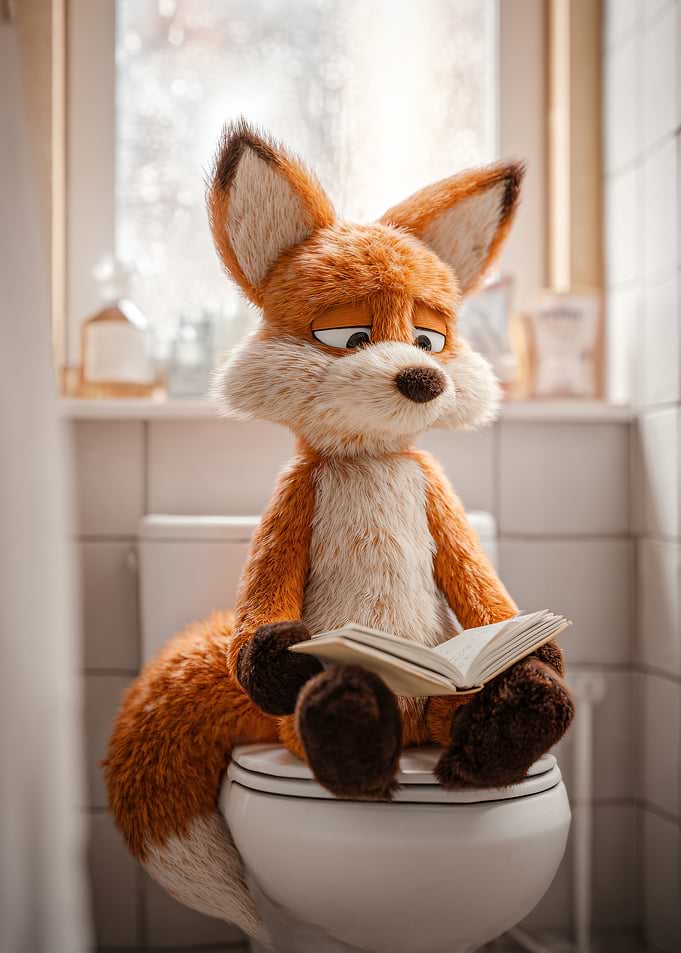 Fox reading a book on a toilet