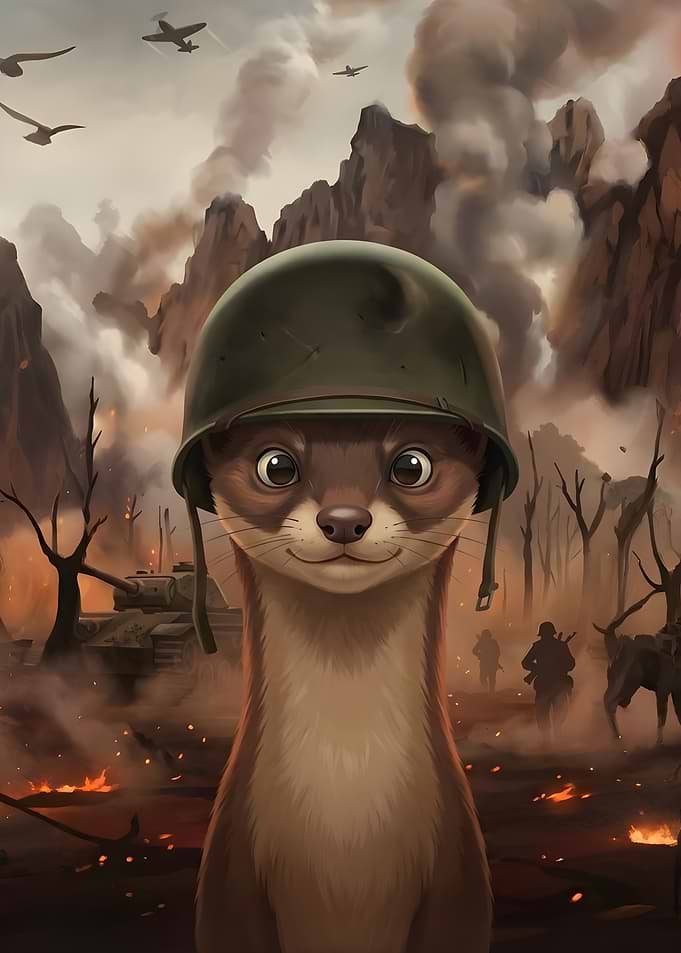 Cute Weasel in Military Helmet