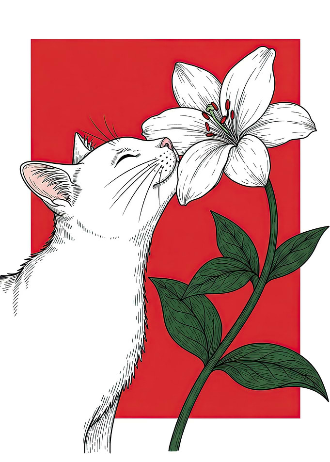 White Cat Smelling a Lily