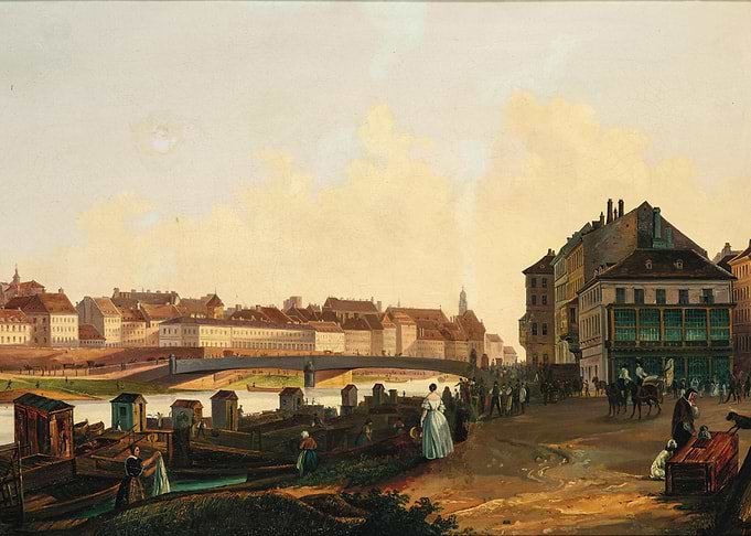 19th Century Cityscape with River and People
