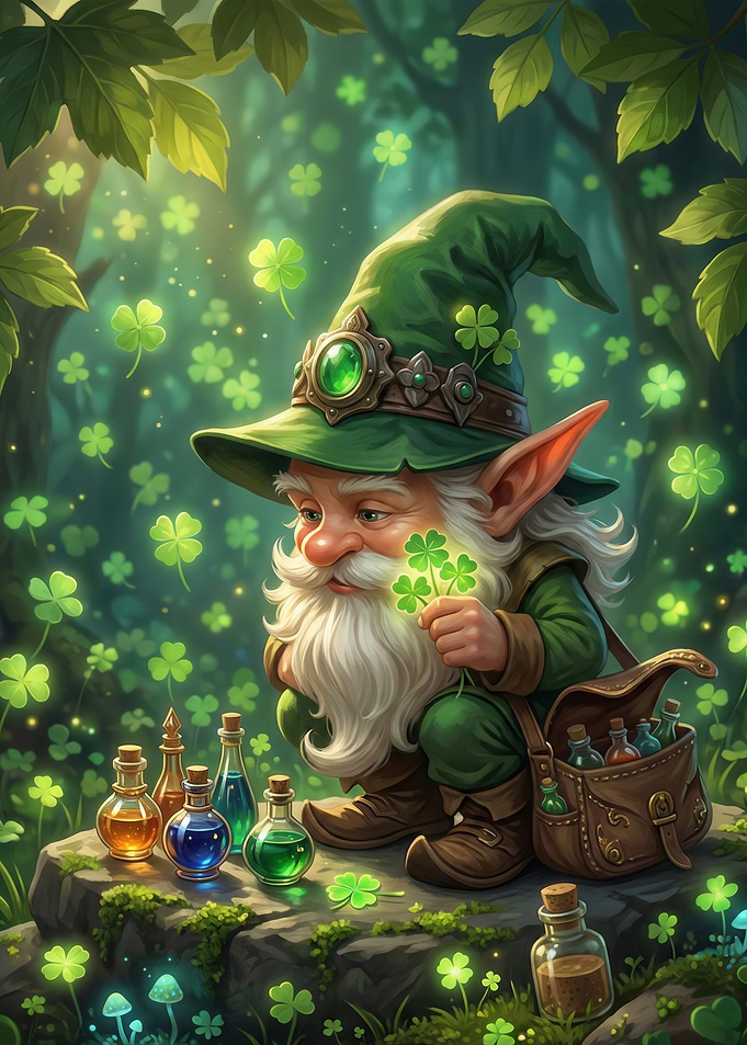 Leprechaun with Potions and Clovers