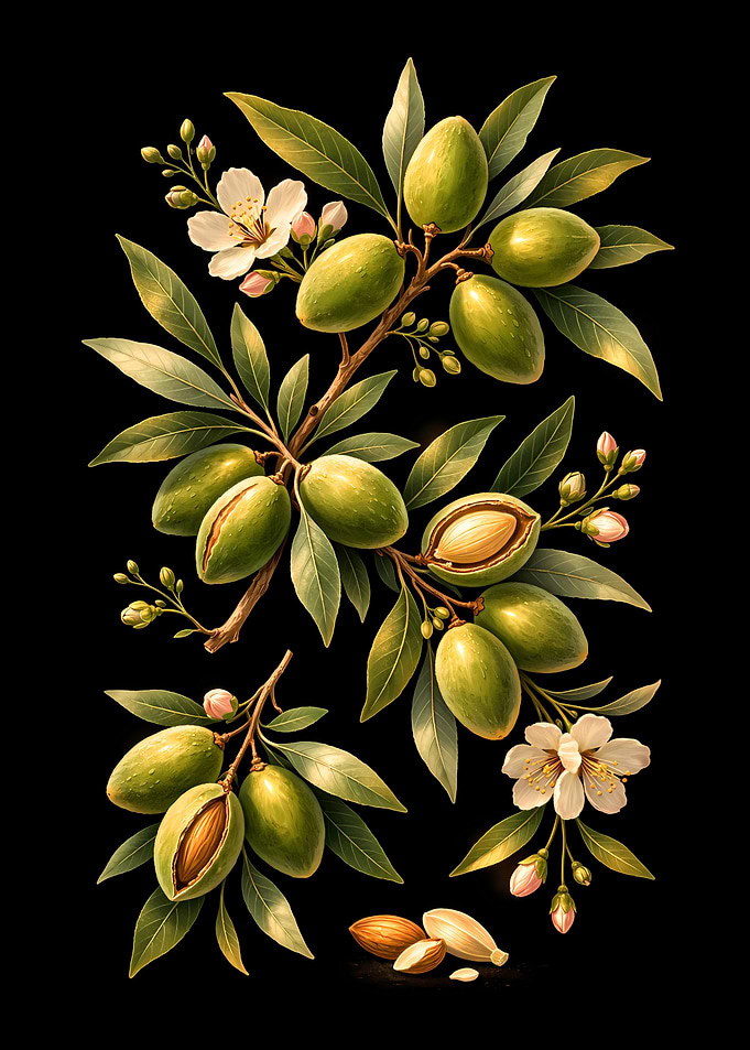 Almond Branch with Fruits and Flowers