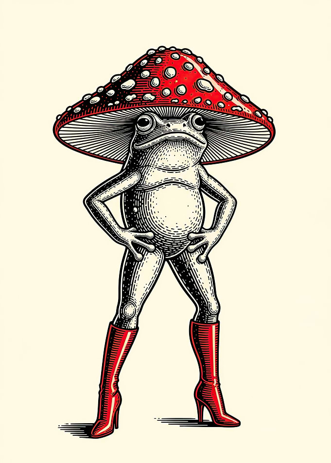 Frog Wearing Mushroom Hat and Red Boots