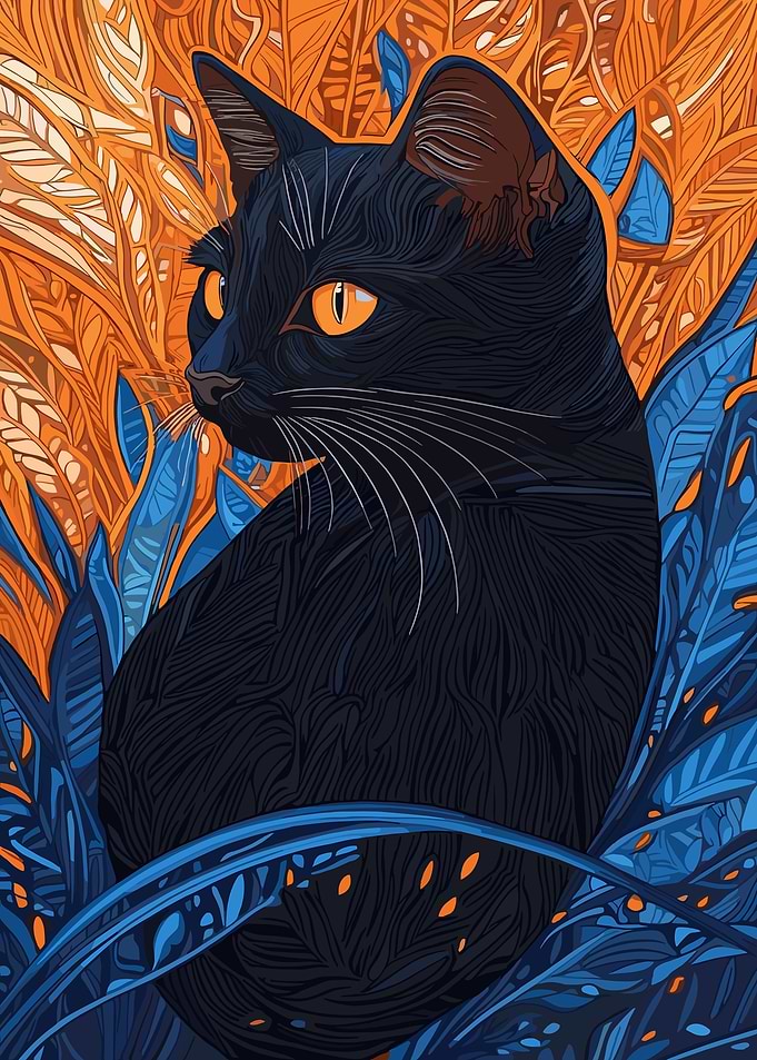 Black Cat Amidst Blue and Orange Foliage