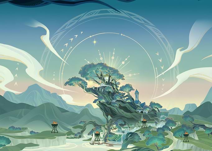 Mystical Mountain Landscape with Ancient Tree