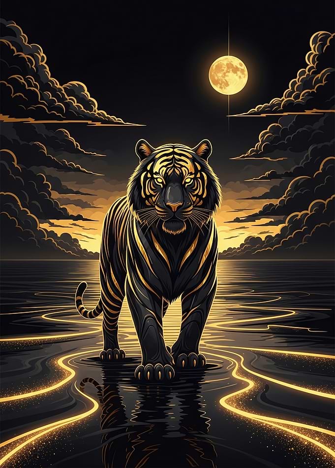 Golden Tiger in Moonlit Water
