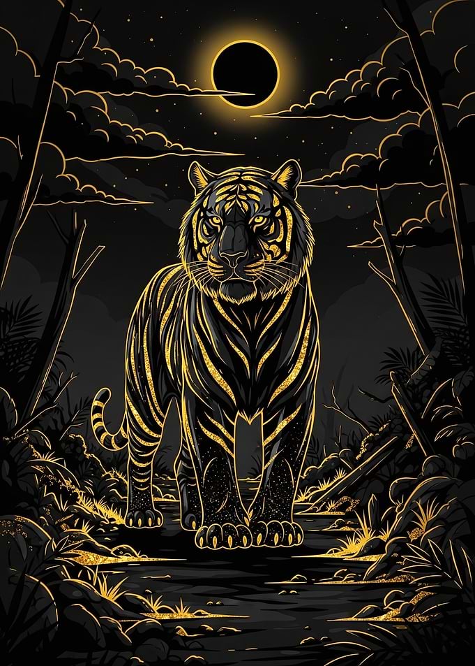 Golden Tiger in Moonlit Forest