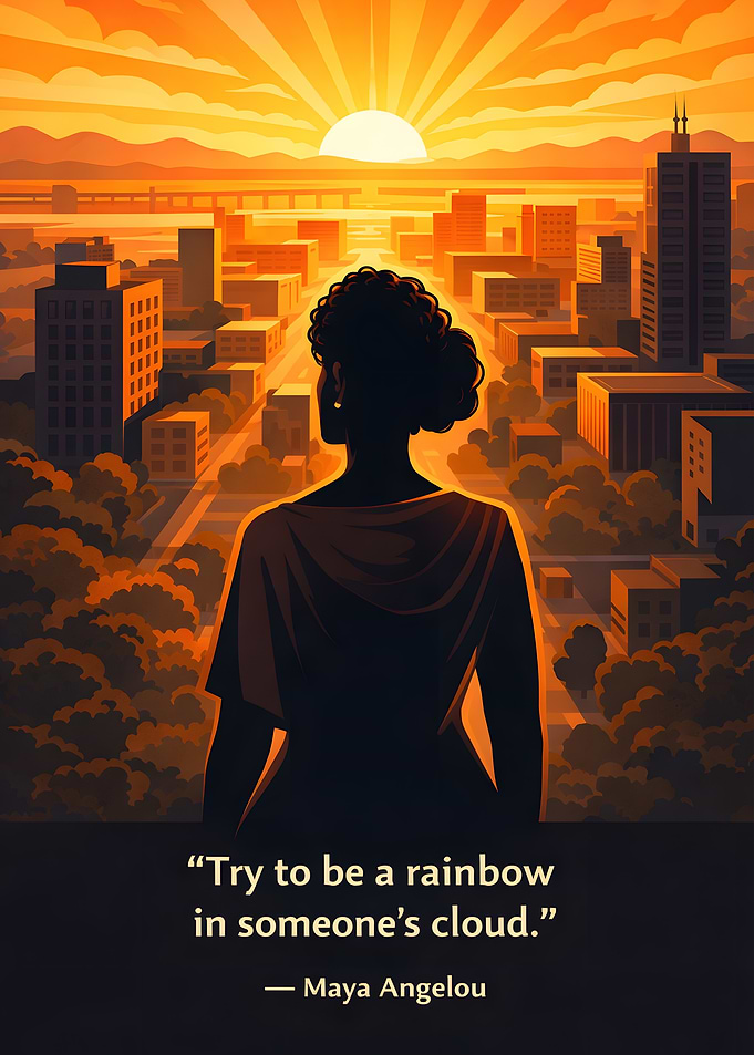 Woman overlooking city at sunset