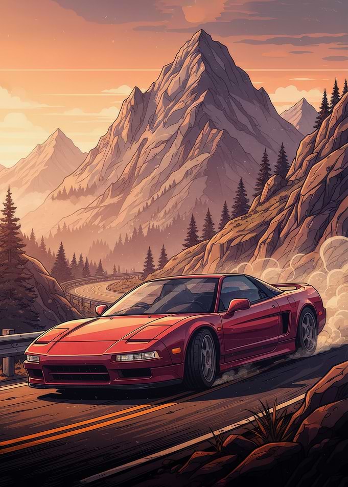 Red Sports Car on Mountain Road