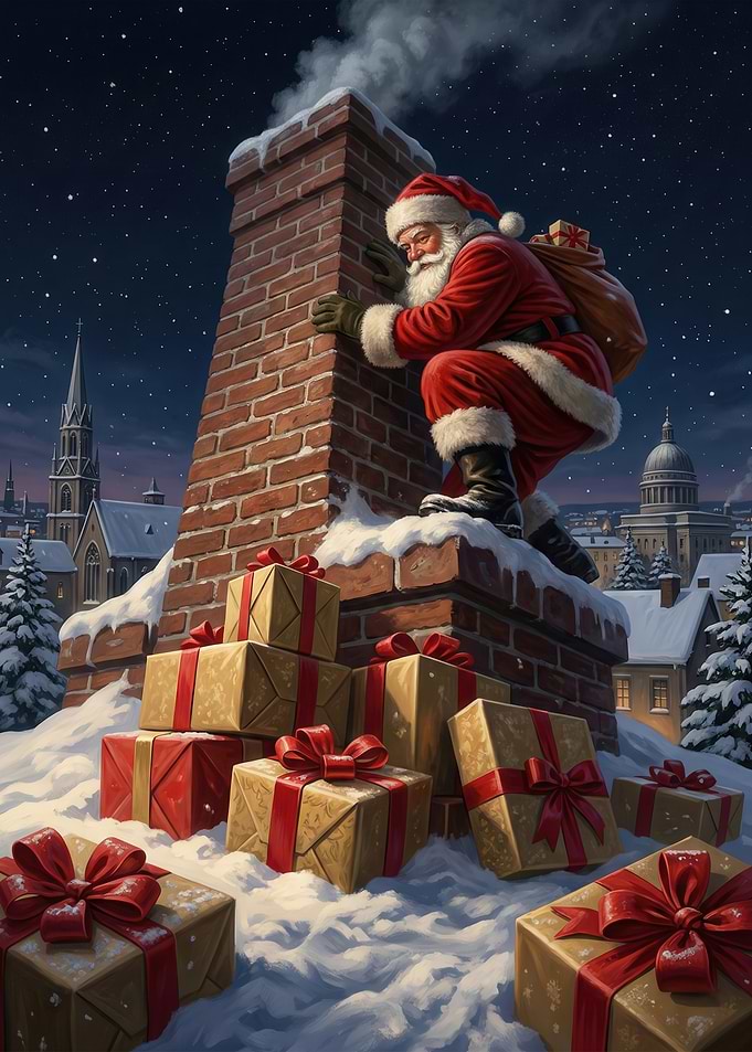 Santa Claus on a Chimney with Gifts