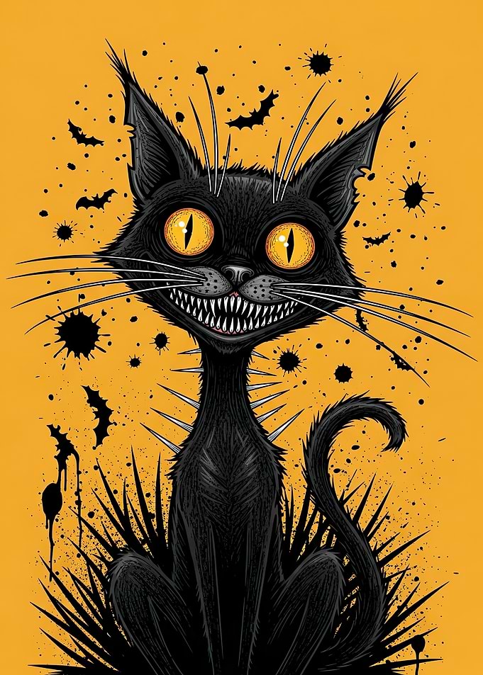 Spooky Black Cat with Bats