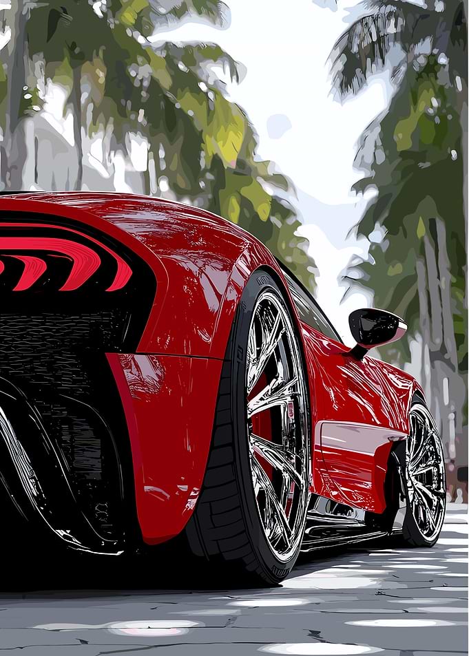 Red BMW Car on Palm Tree Lined Street