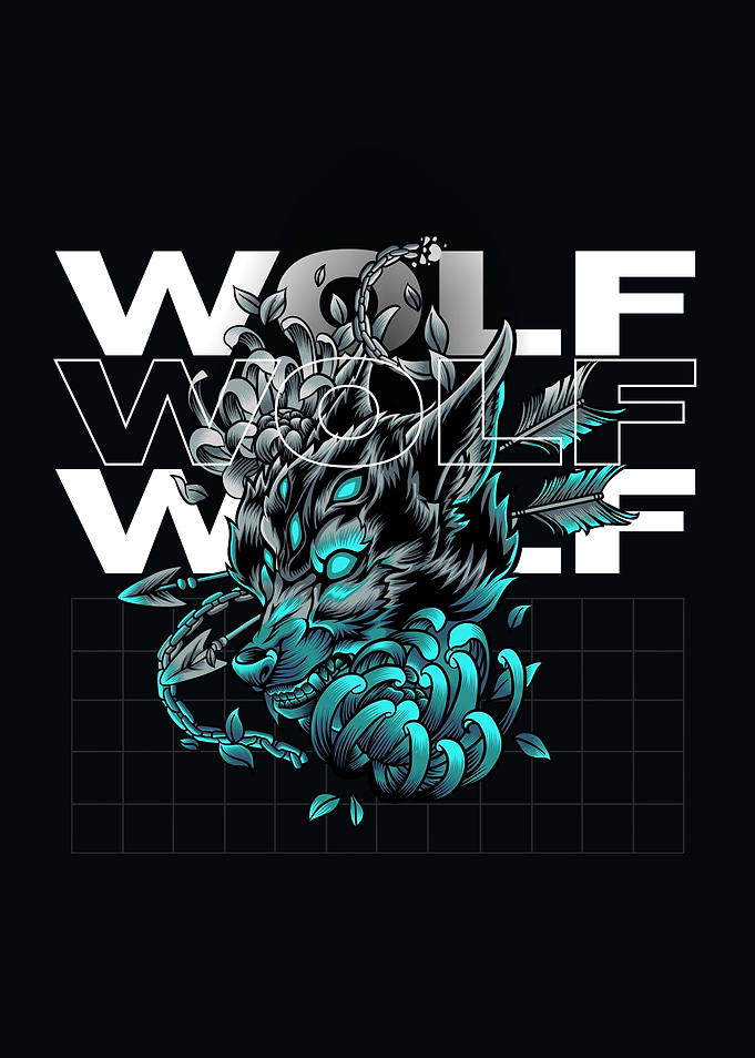 Stylized Wolf with Flowers and Text