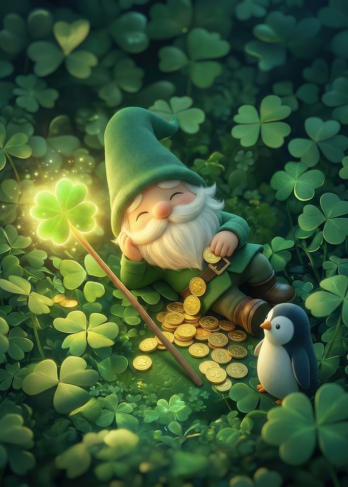 Gnome with Lucky Clover and Gold Coins