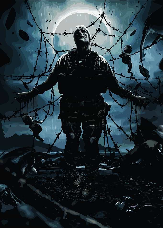 Soldier in Barbed Wire with Dolls