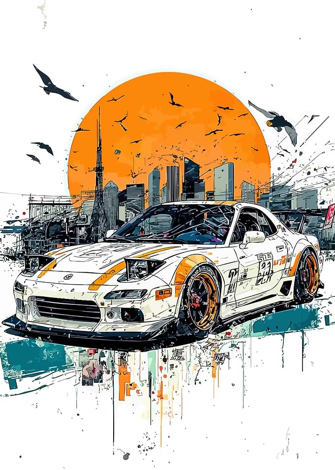 White Sports Car with Cityscape and Sunset